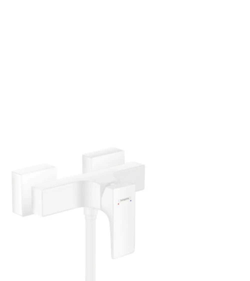 Weißer Wandmischer mit horizontalem Hebelgriff von Hansgrohe, ausgestattet mit einer funktionalen Steuerungsmechanik und einer minimalistischen Formgebung.